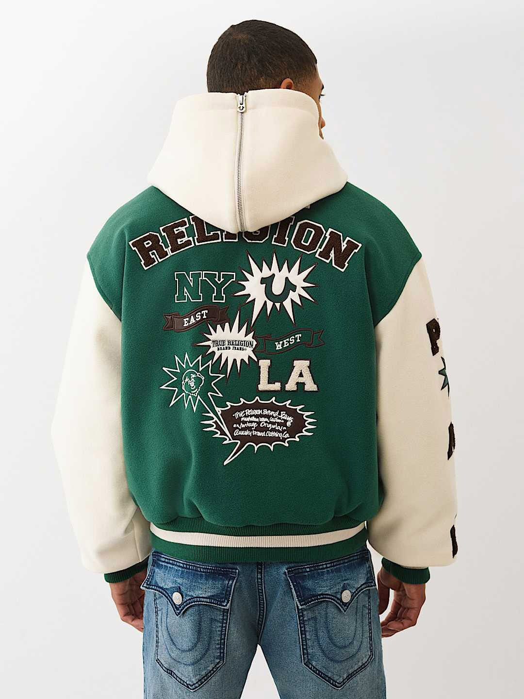 TRUE RELIGION Men Green Embroidered Hooded Fit Varsity Jacket