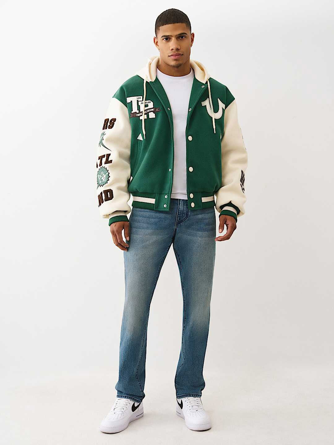 TRUE RELIGION Men Green Embroidered Hooded Fit Varsity Jacket
