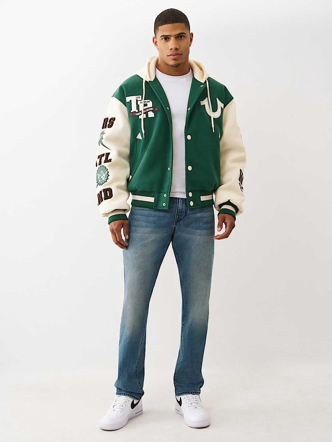 TRUE RELIGION Men Green Embroidered Hooded Fit Varsity Jacket