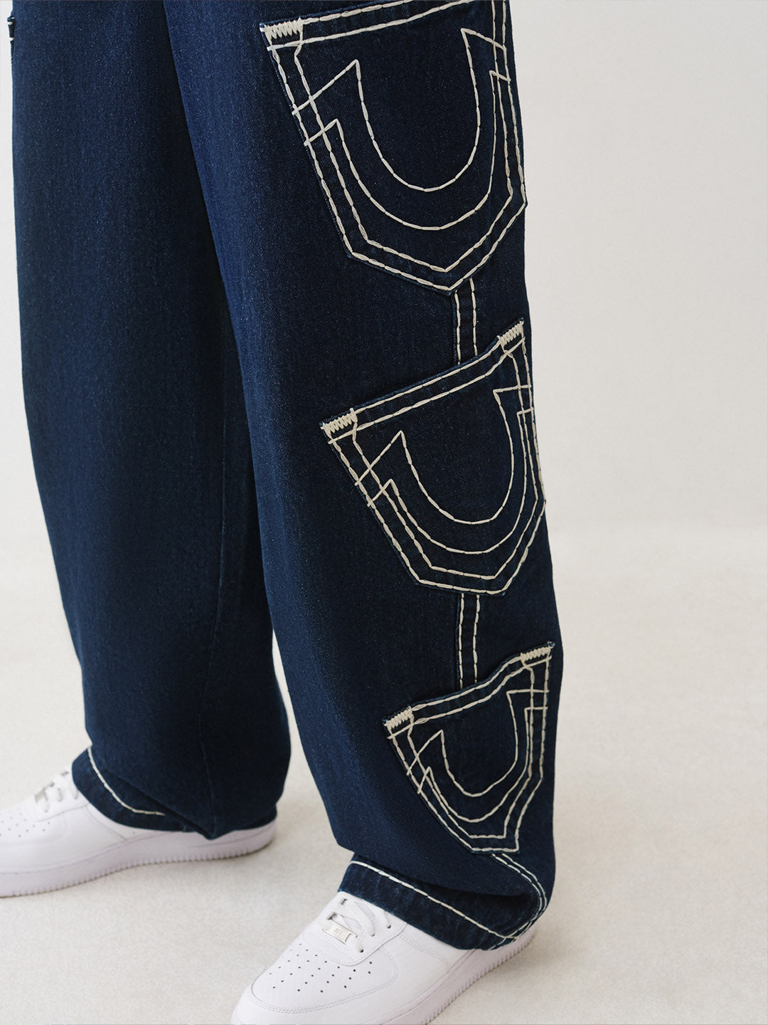 True Religion Men Oversize Navy Blue Solid Pure Cotton Trouser