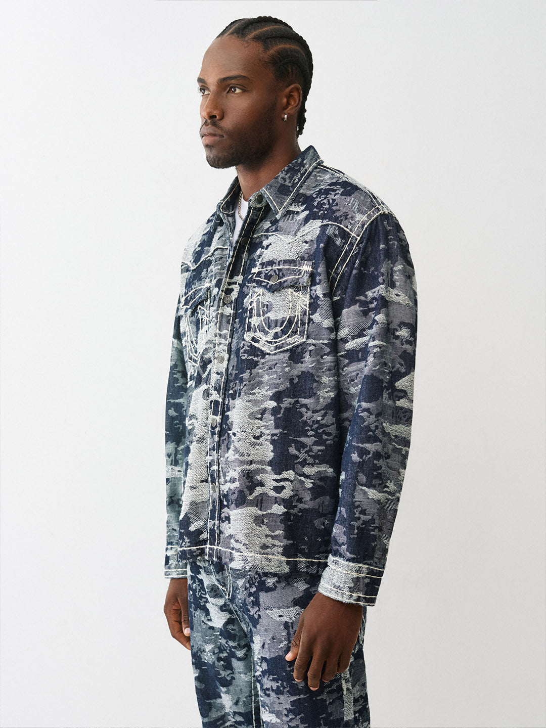 True Religion Men Straight Fit Blue Printed Pure Cotton Shirt