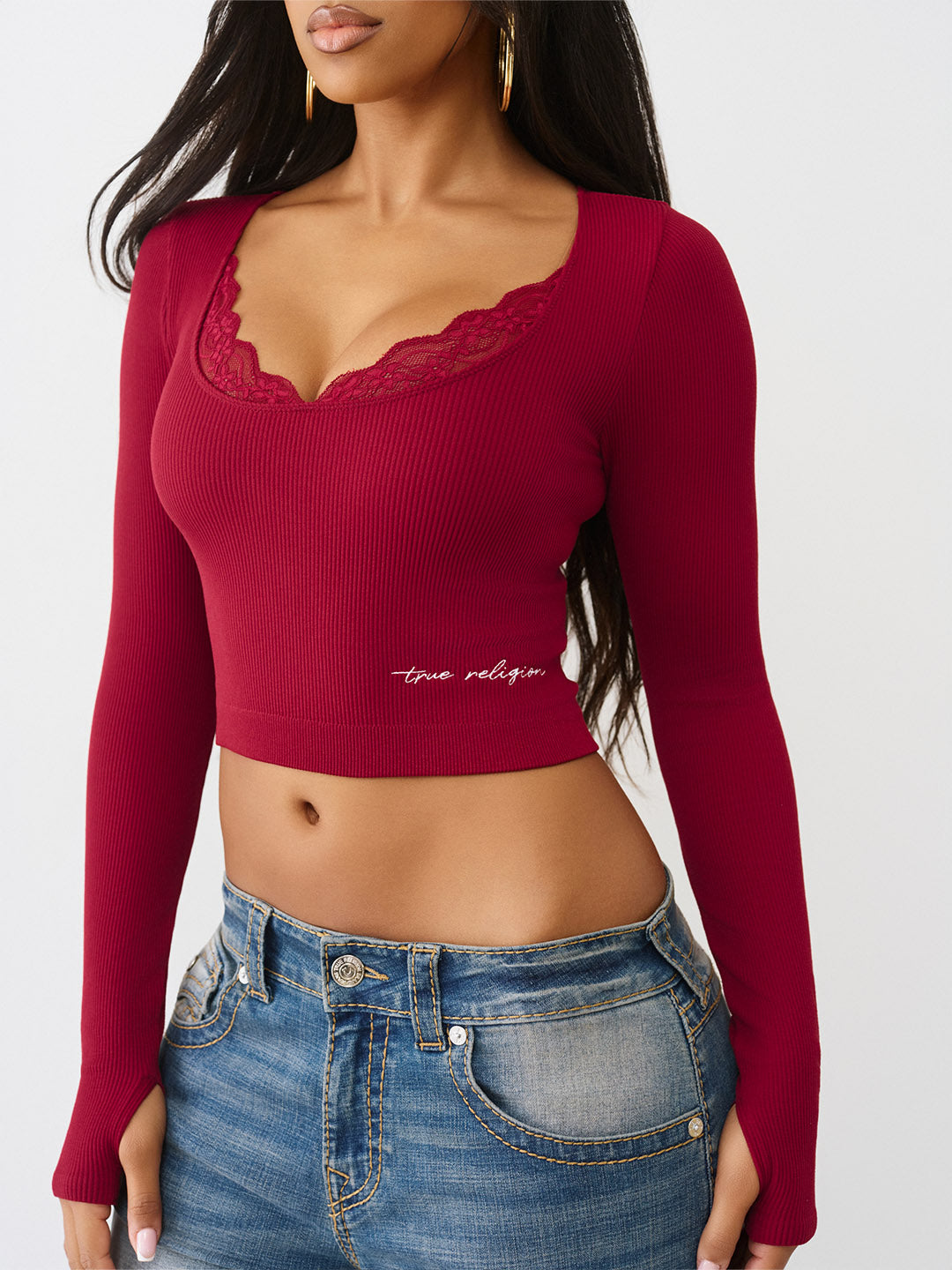 True Religion Women Skinny Fit Red Solid Top