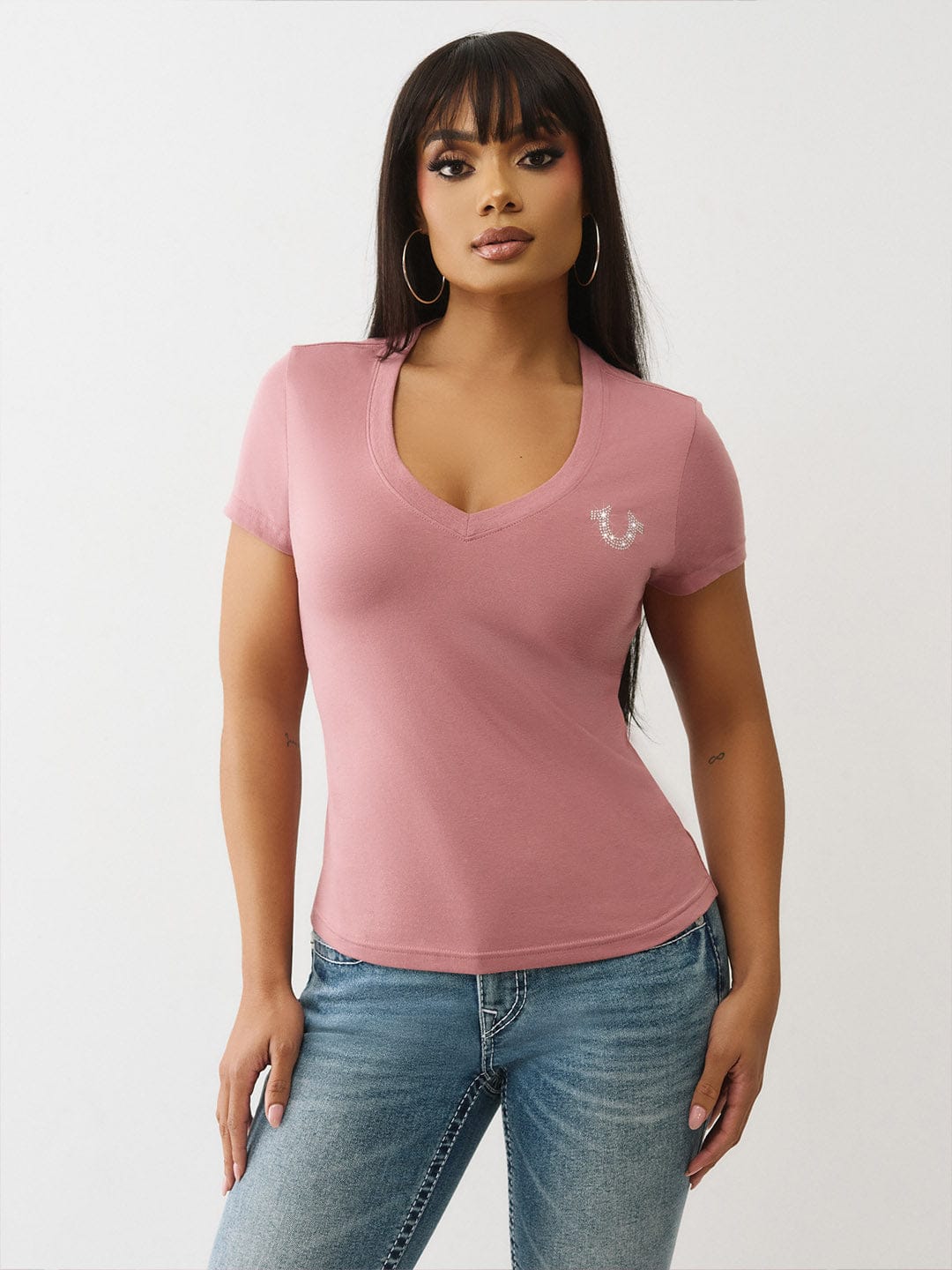 True Religion Women Regular Fit Pink Logo T Shirt