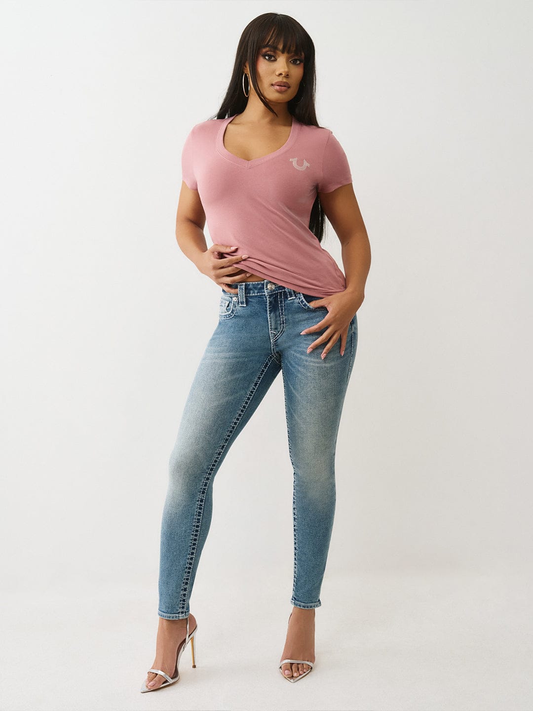 True Religion Women Regular Fit Pink Logo T Shirt