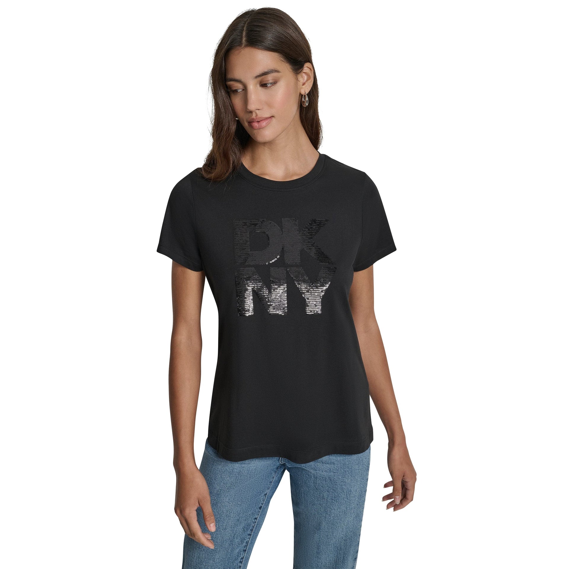 DKNY Womens Black Logo Round Neck T-Shirt