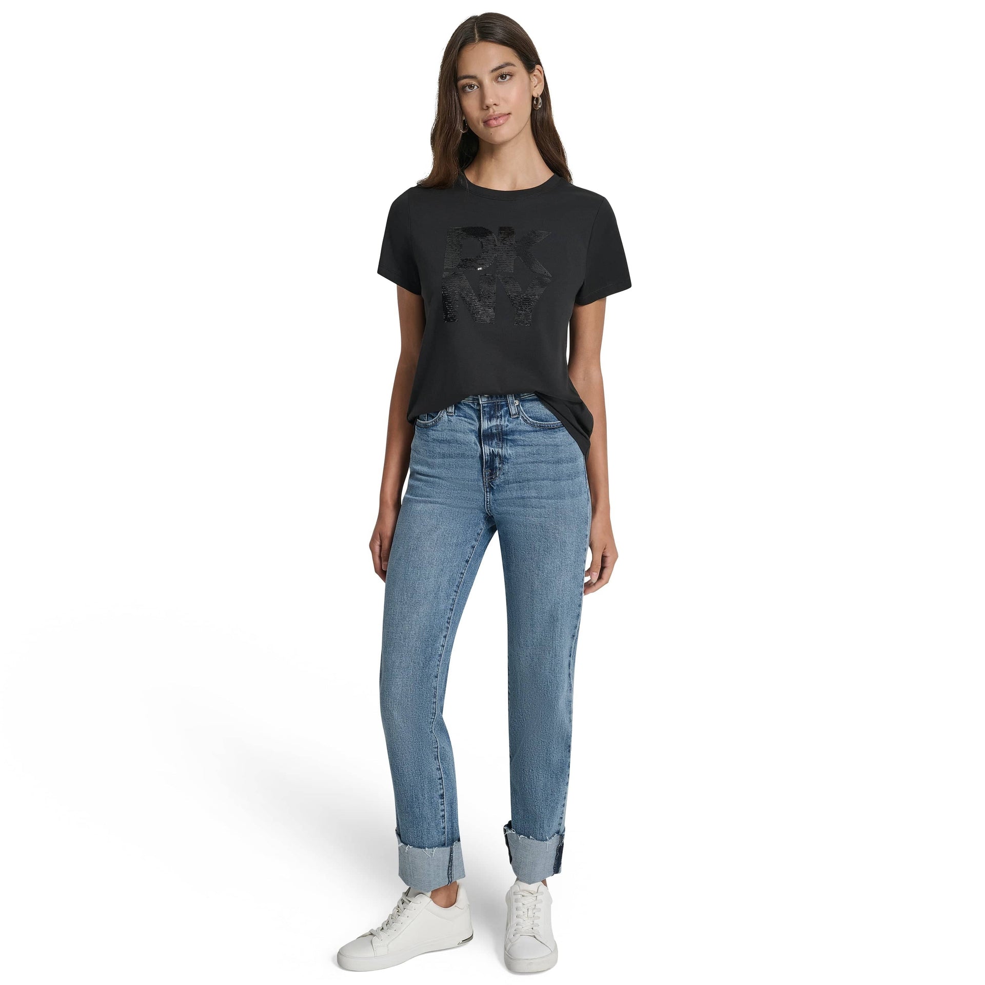 DKNY Womens Black Logo Round Neck T-Shirt