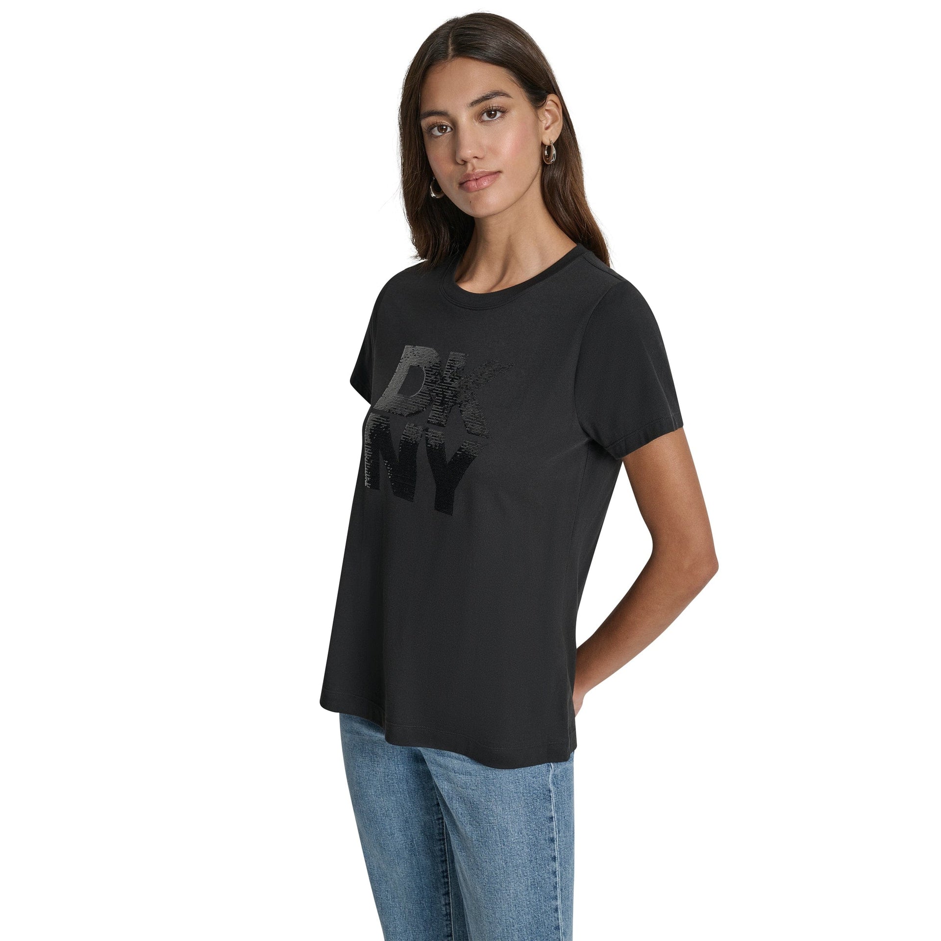 DKNY Womens Black Logo Round Neck T-Shirt