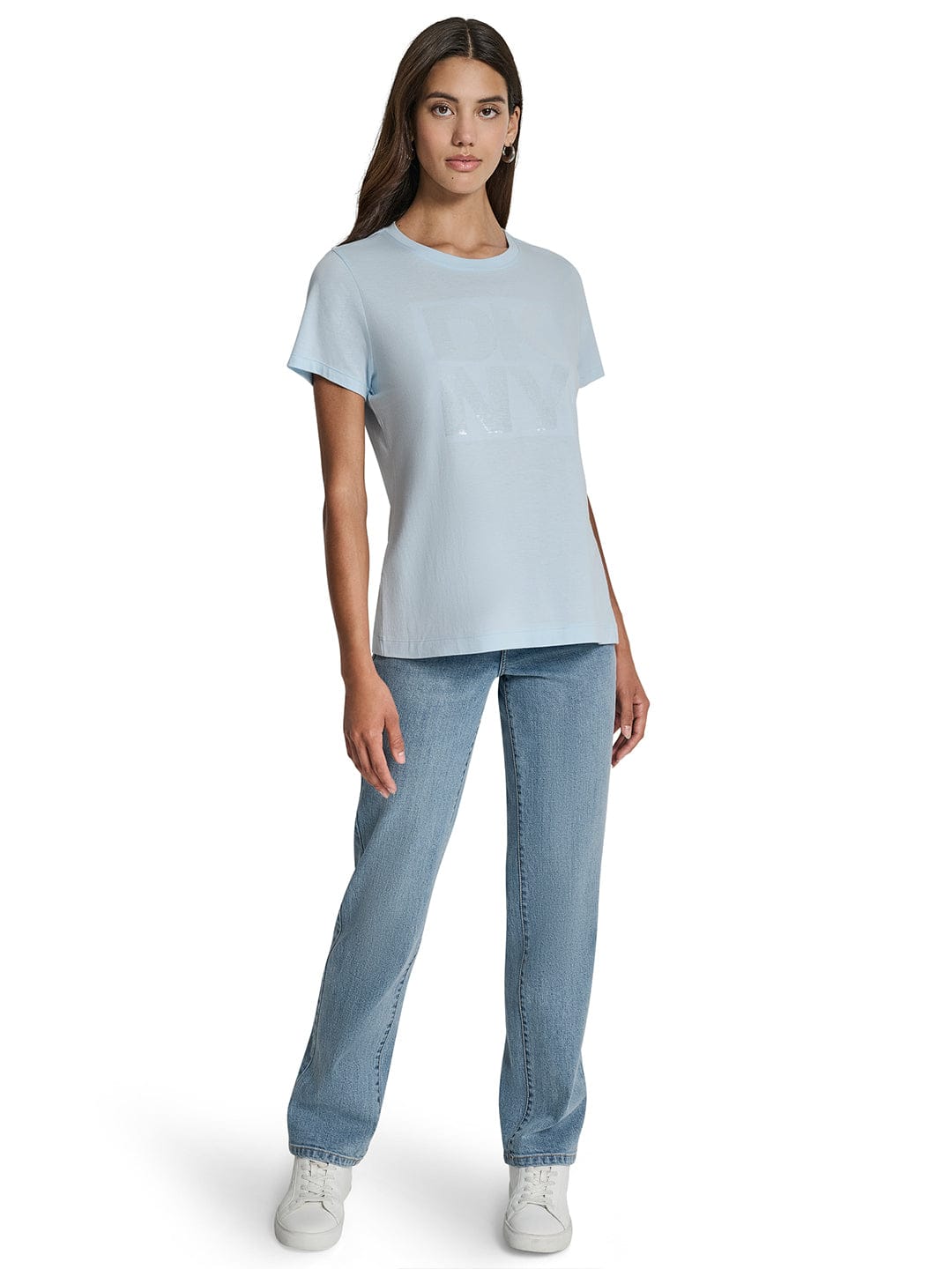 DKNY Womens Light Blue Logo Round Neck T-Shirt