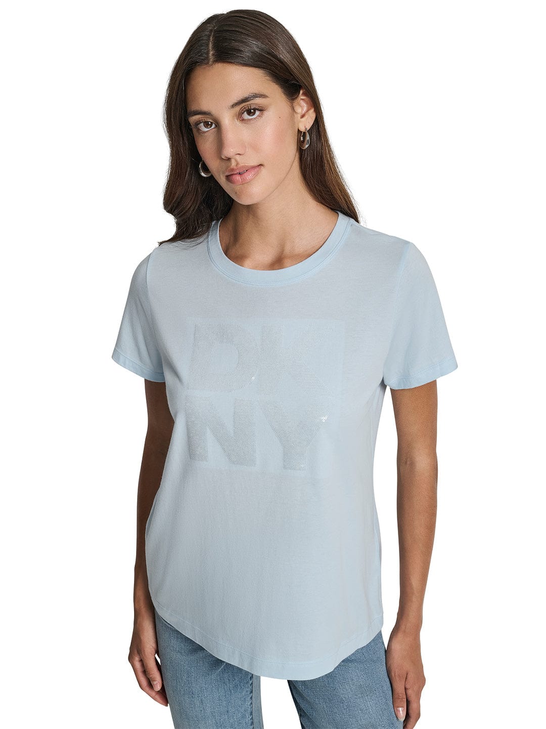 DKNY Womens Light Blue Logo Round Neck T-Shirt