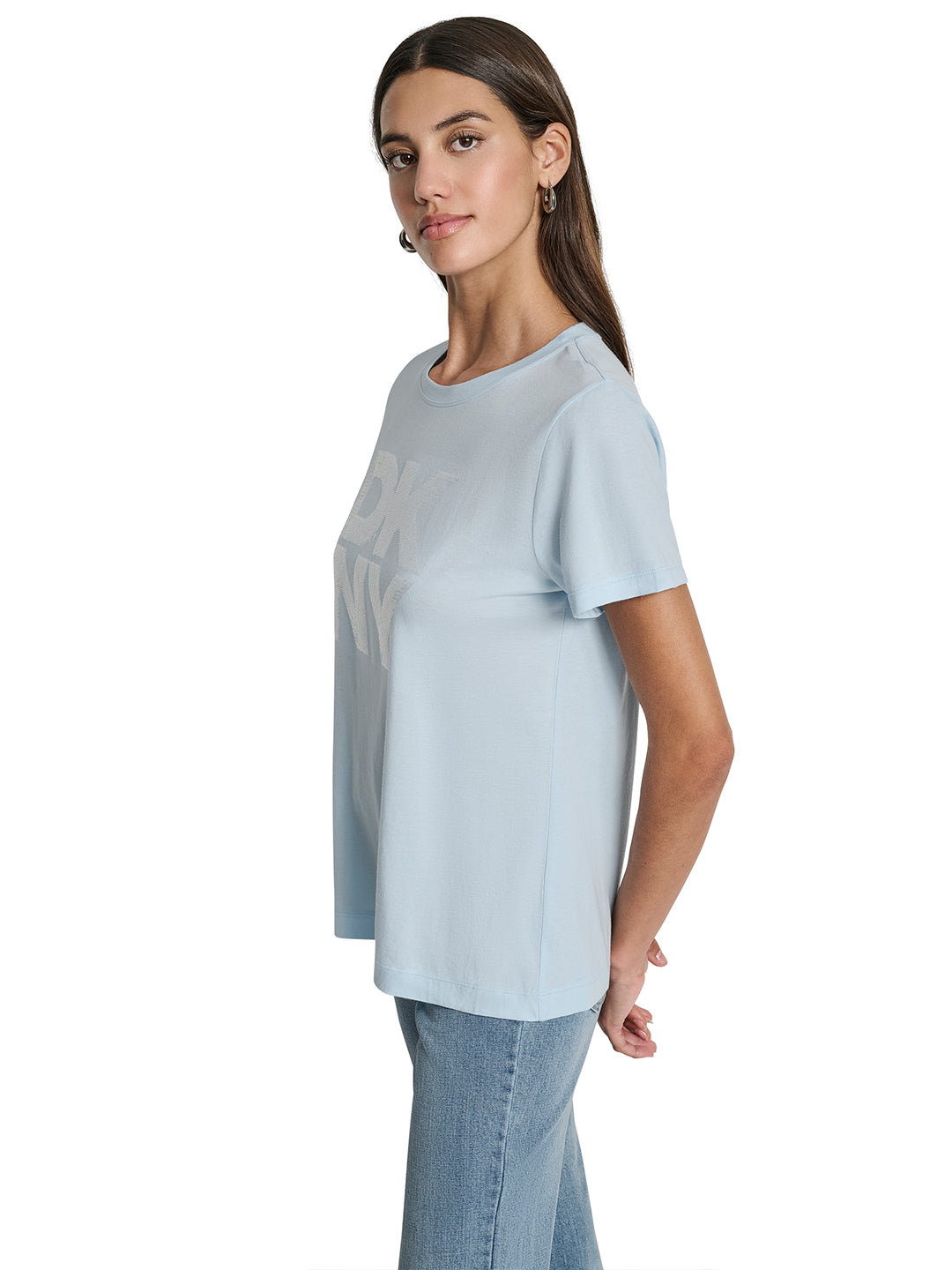 DKNY Womens Light Blue Logo Round Neck T-Shirt