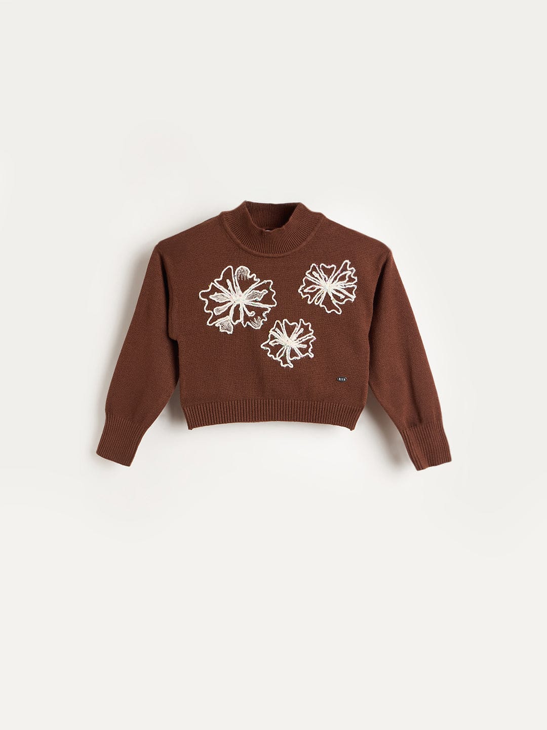 Elle Girls Regular Fit Brown Embroidered Sweater