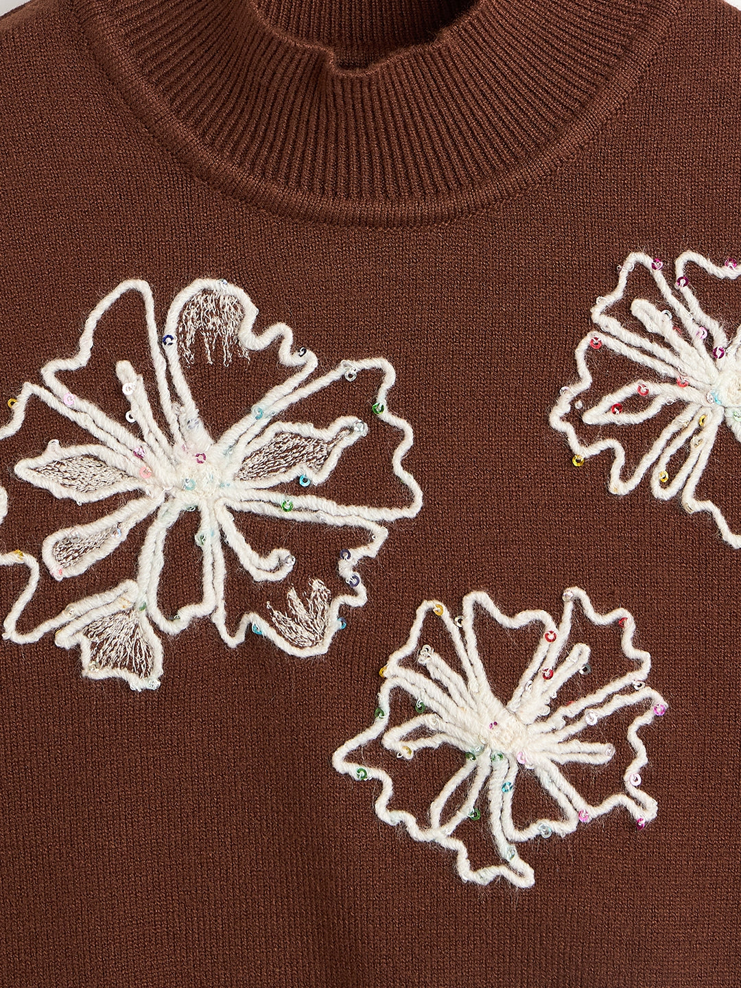 Elle Girls Regular Fit Brown Embroidered Sweater