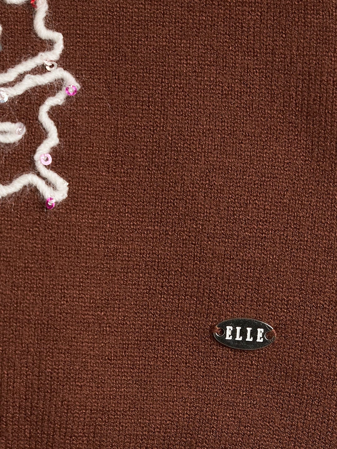 Elle Girls Regular Fit Brown Embroidered Sweater