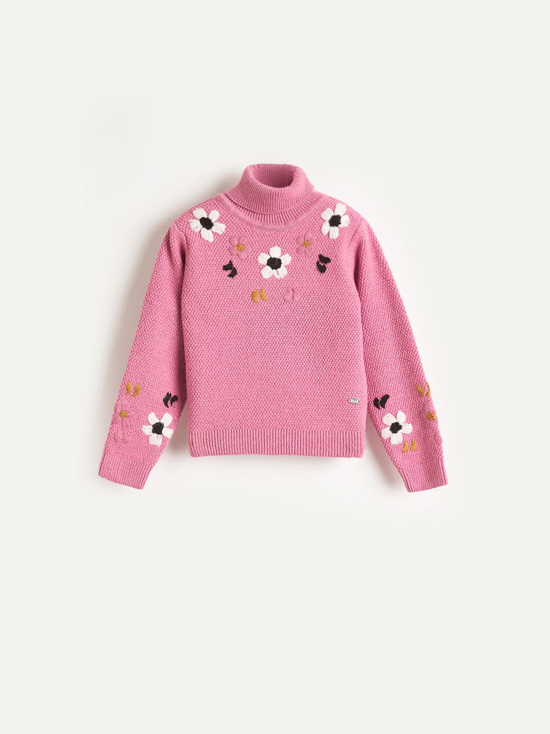 Elle Girls Pink Embroidered High Neck Sweater
