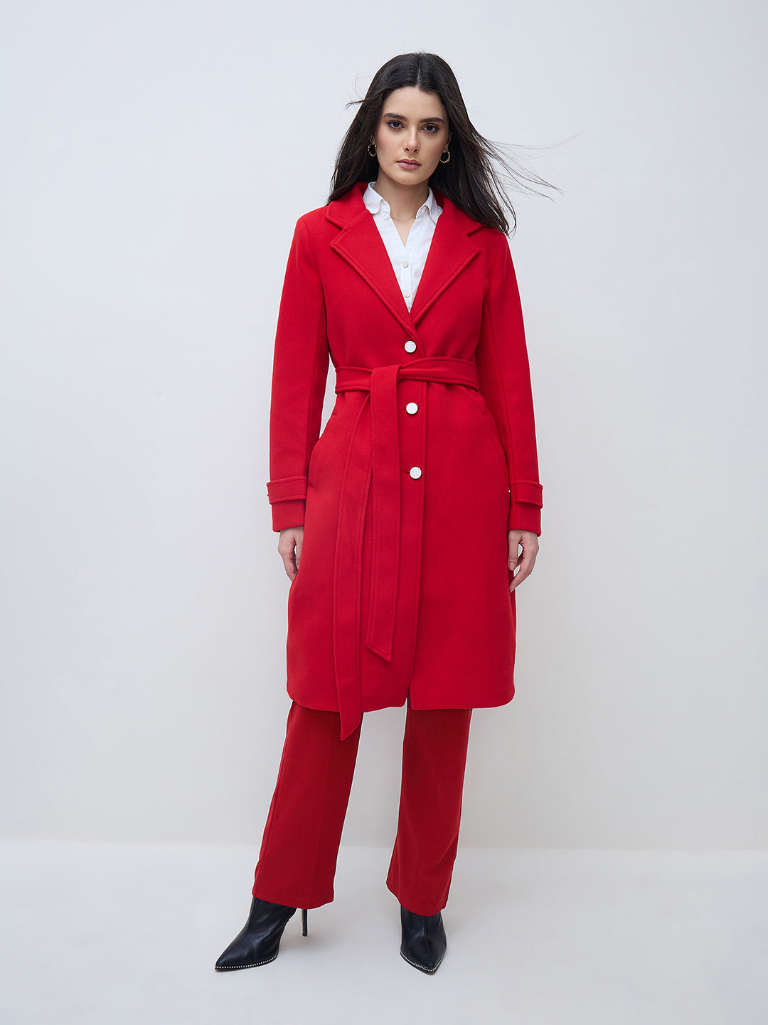 Elle Women Red Solid Lapel Collar Overcoat
