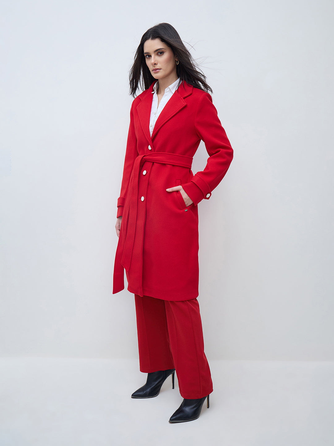 Elle Women Red Solid Lapel Collar Overcoat