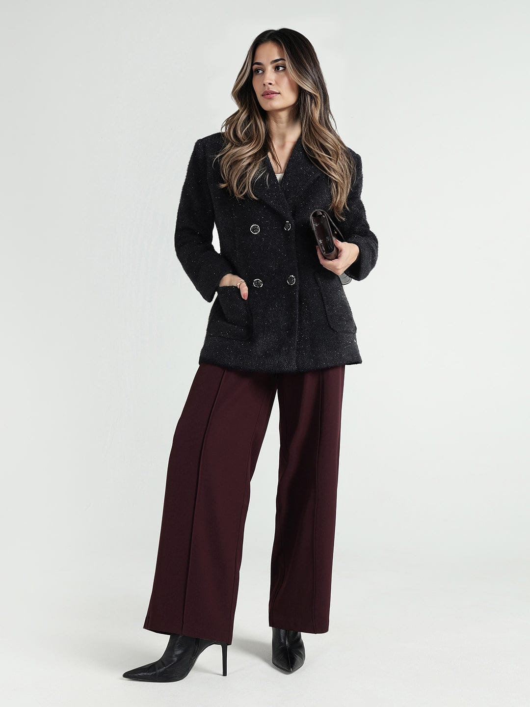 Elle Women Black Solid Lapel Collar Overcoat