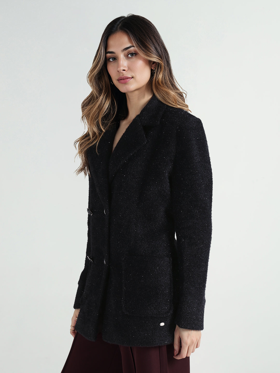 Elle Women Black Solid Lapel Collar Overcoat