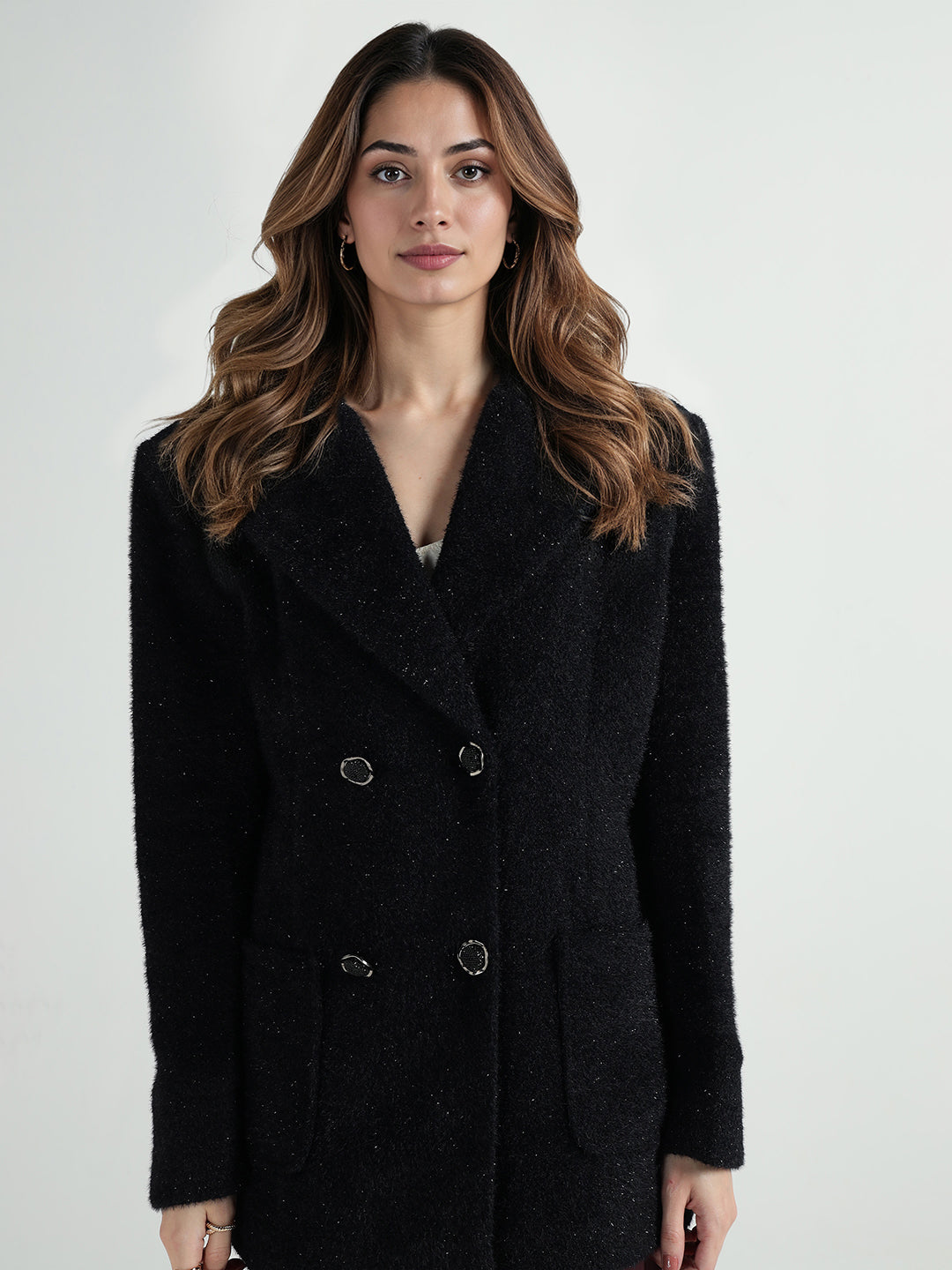 Elle Women Black Solid Lapel Collar Overcoat