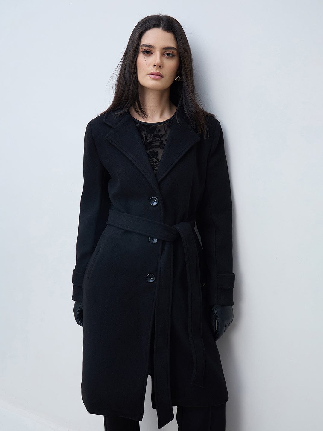 Elle Women Black Solid Lapel Collar Overcoat