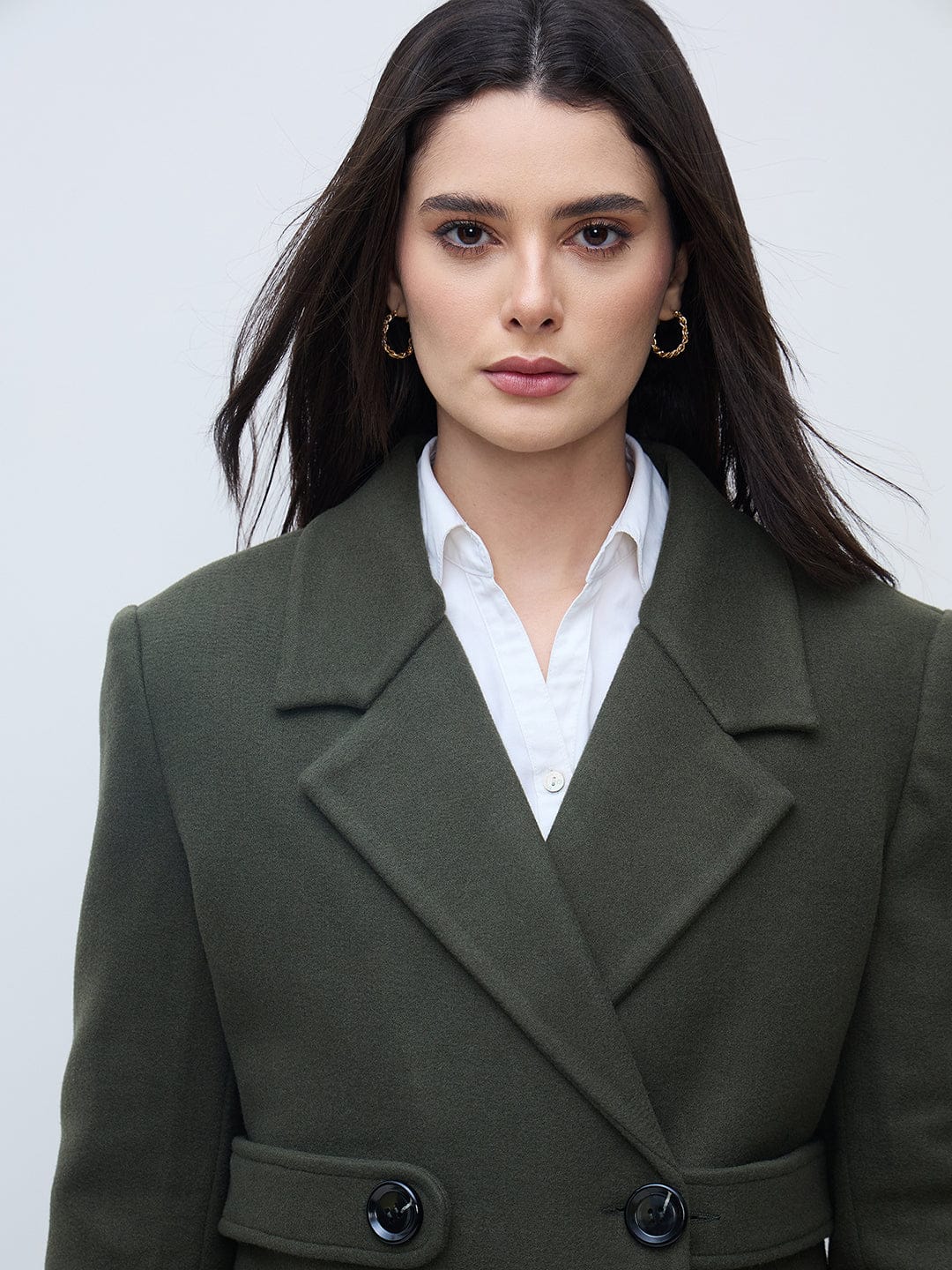 Elle Women Olive Solid Lapel Collar Overcoat
