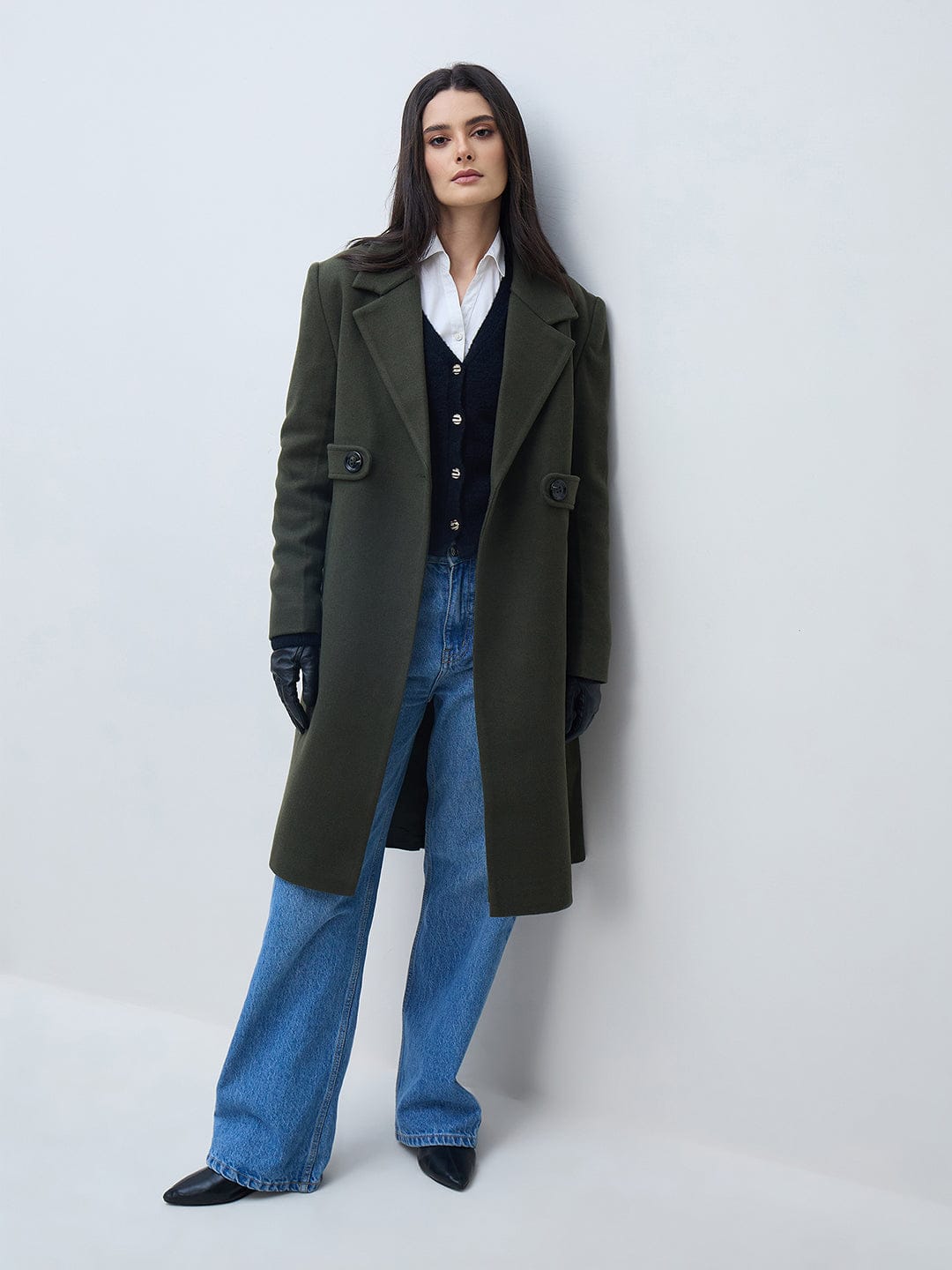 Elle Women Olive Solid Lapel Collar Overcoat