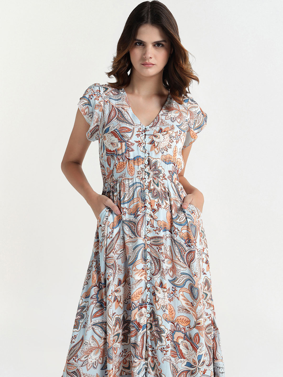 Elle Women Blue V Neck Dress