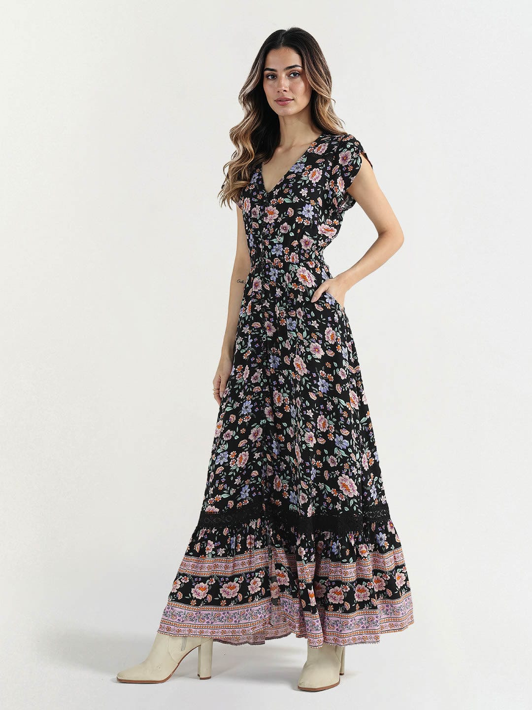 Elle Women Black V Neck Dress