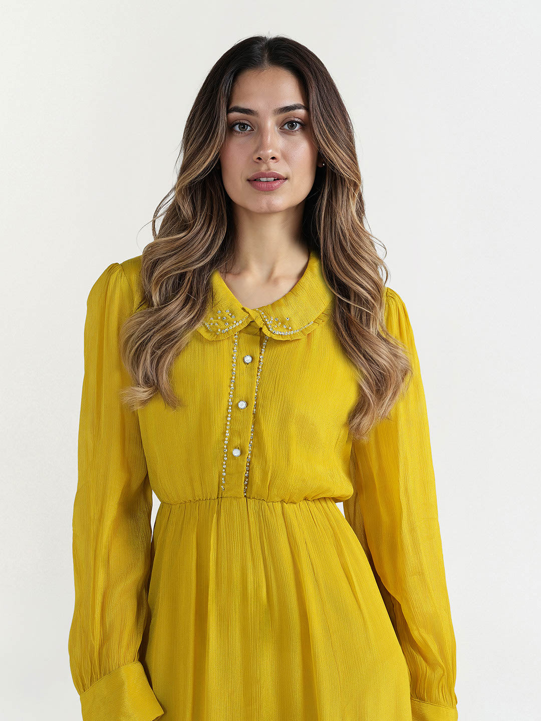 Elle Women Yellow Embellished Collar Dress