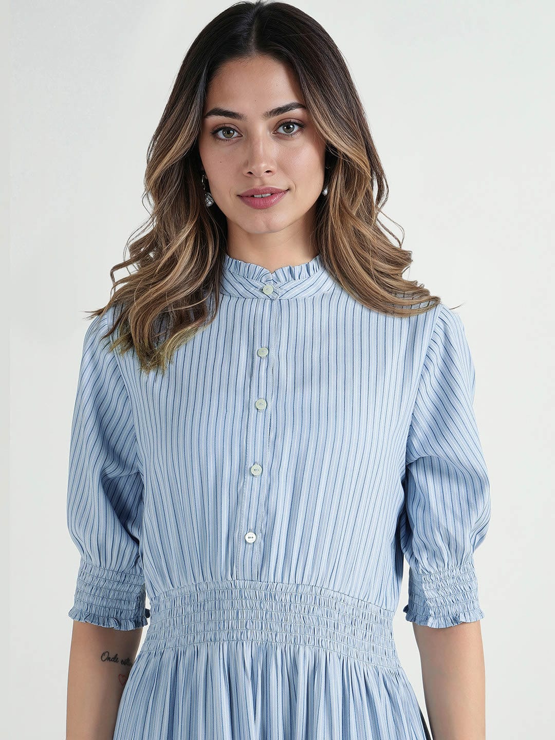 Elle Women Multi Striped Band Collar Dress