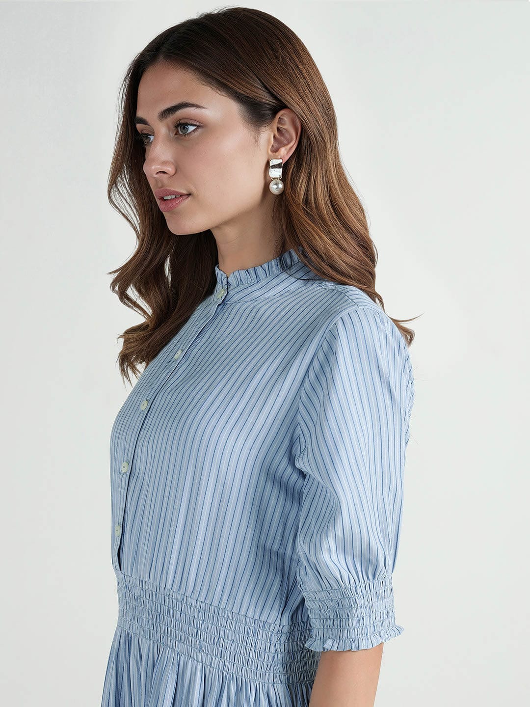 Elle Women Multi Striped Band Collar Dress