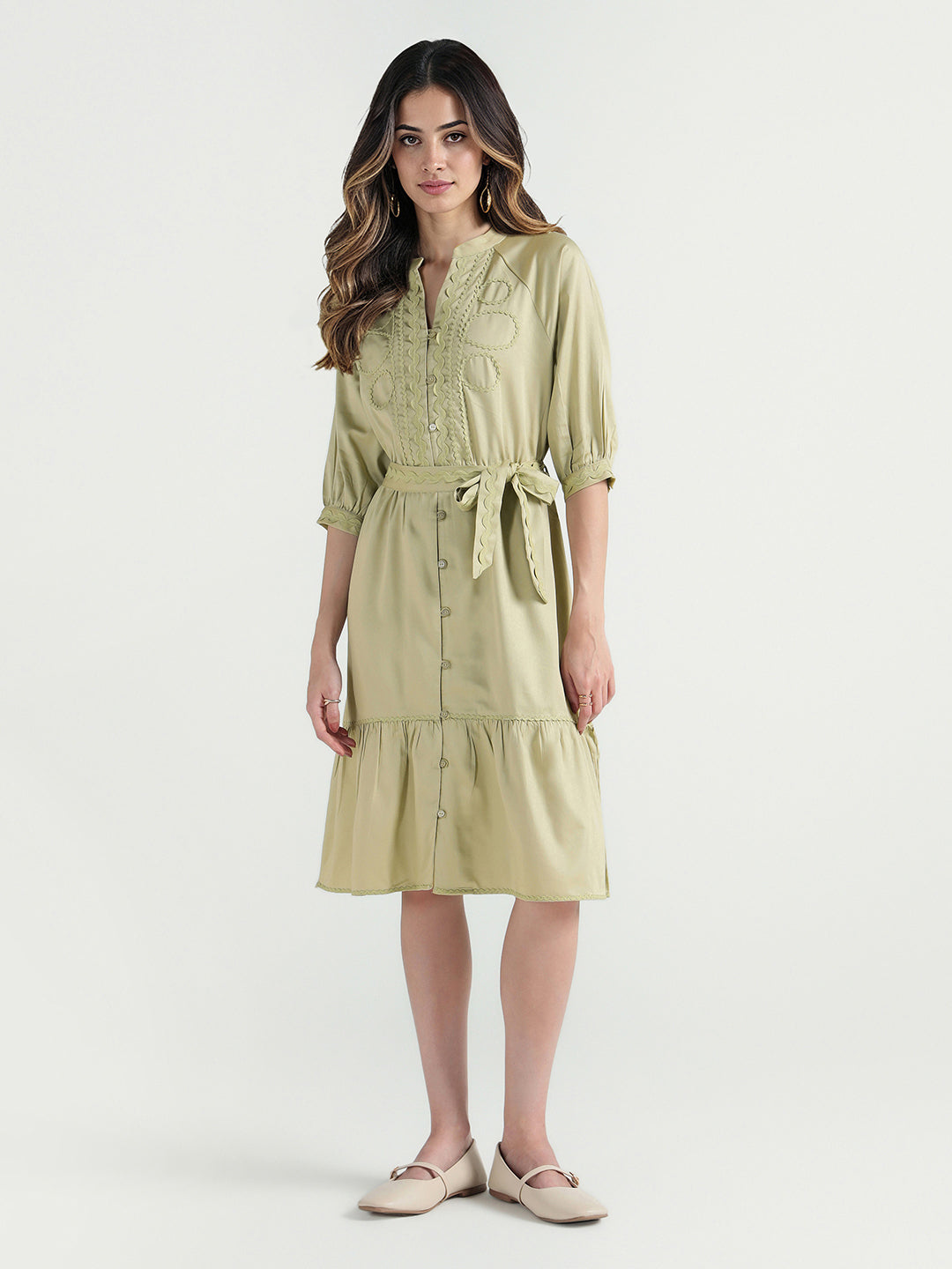 Elle Women Green Plain Band Collar Dress