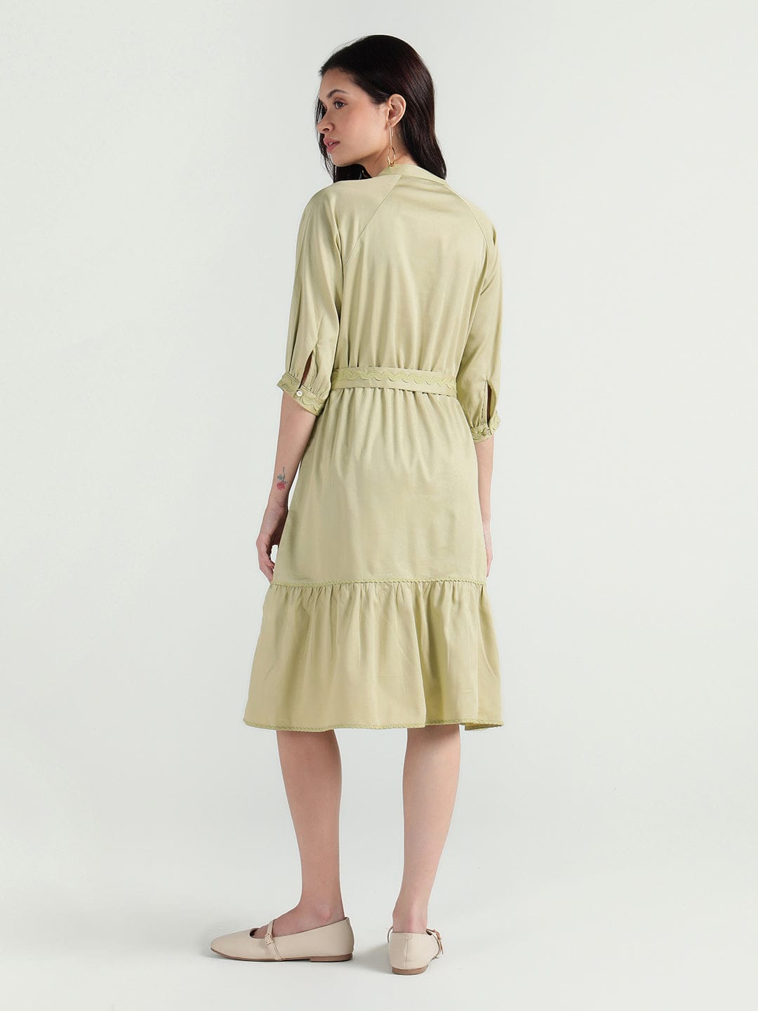 Elle Women Green Plain Band Collar Dress