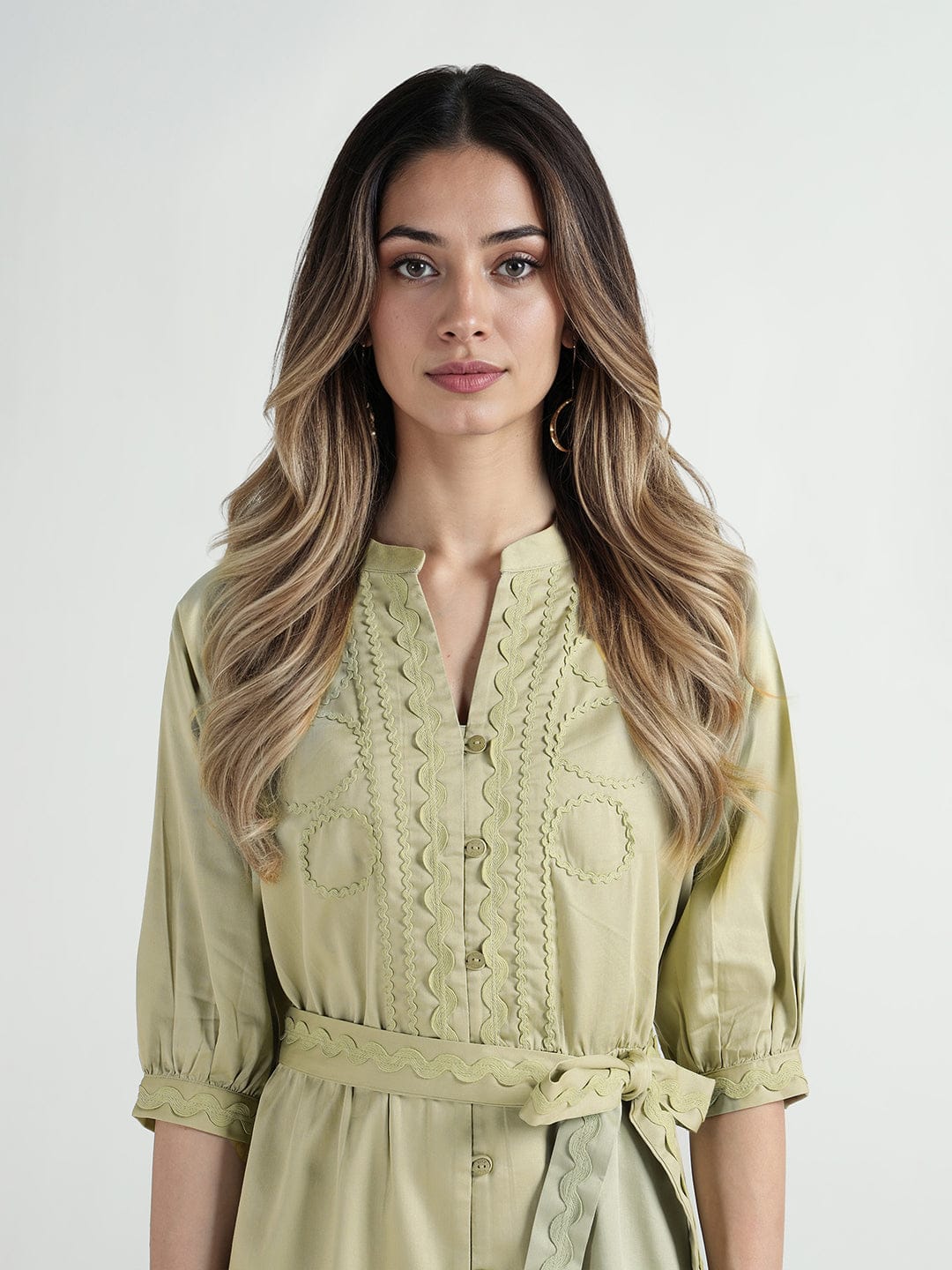 Elle Women Green Plain Band Collar Dress