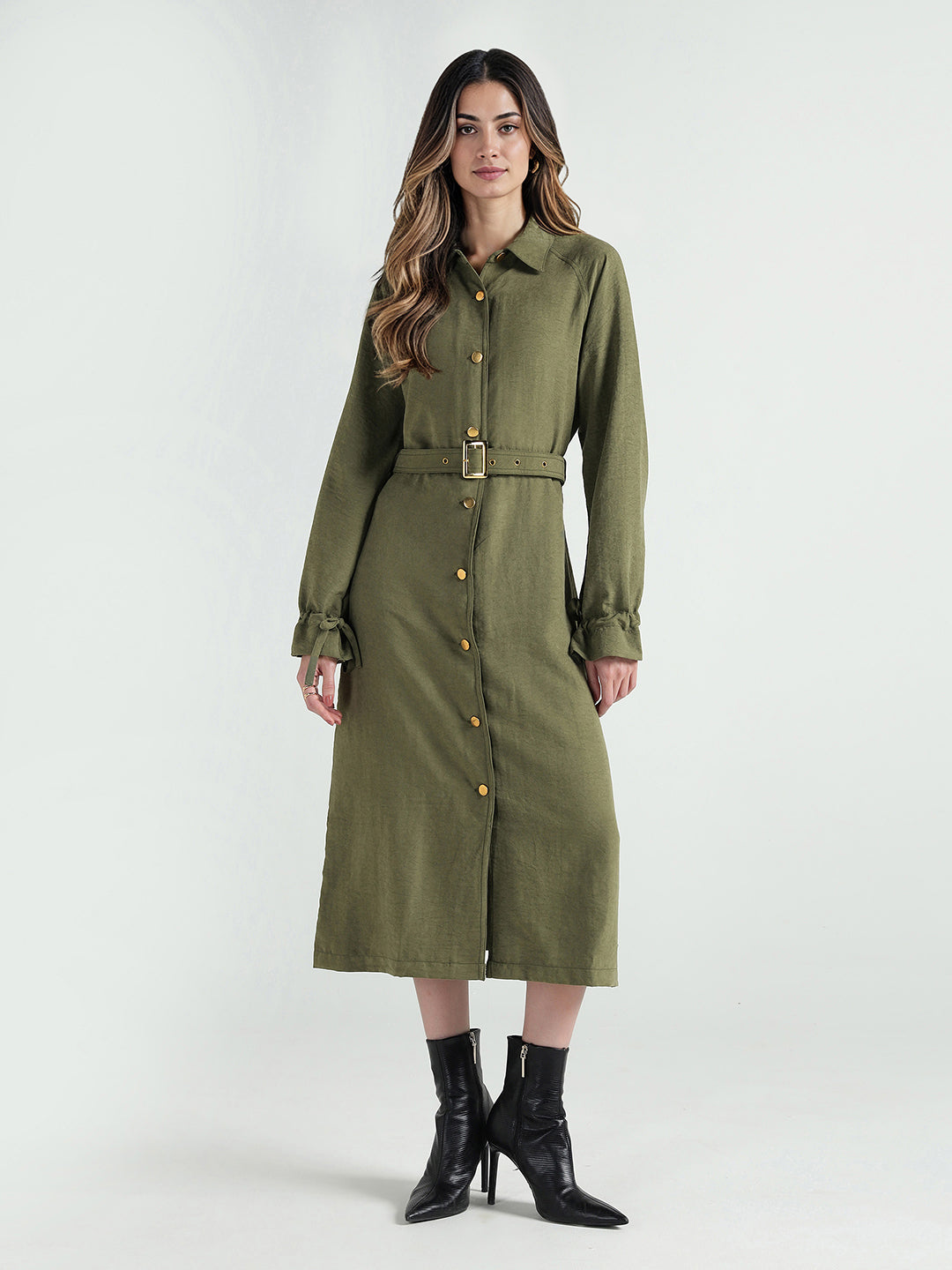 Elle Women Green Solid Collar Dress