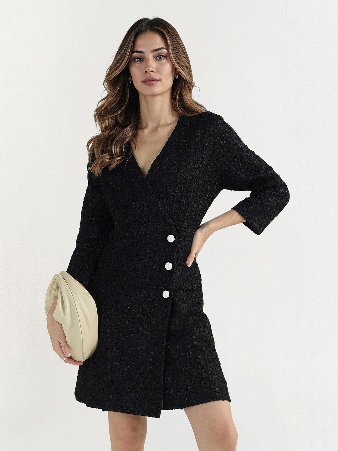 Elle Women Black Solid V Neck Dress