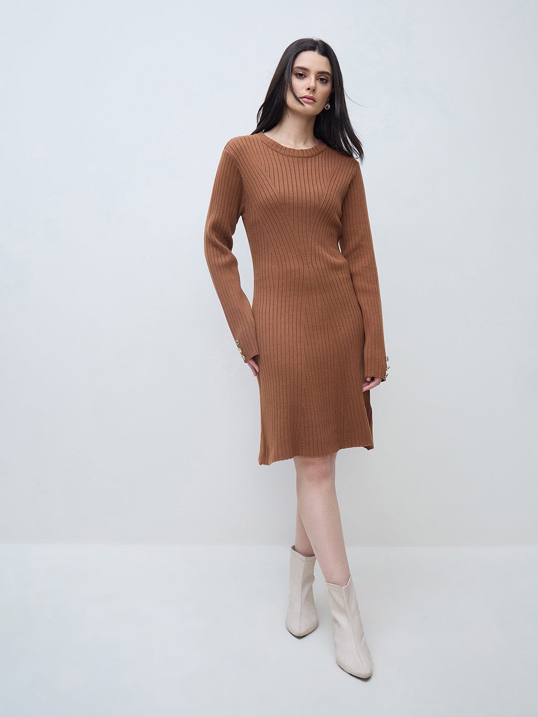 Elle Women Brown Solid Round Neck Fit & Flare Dress