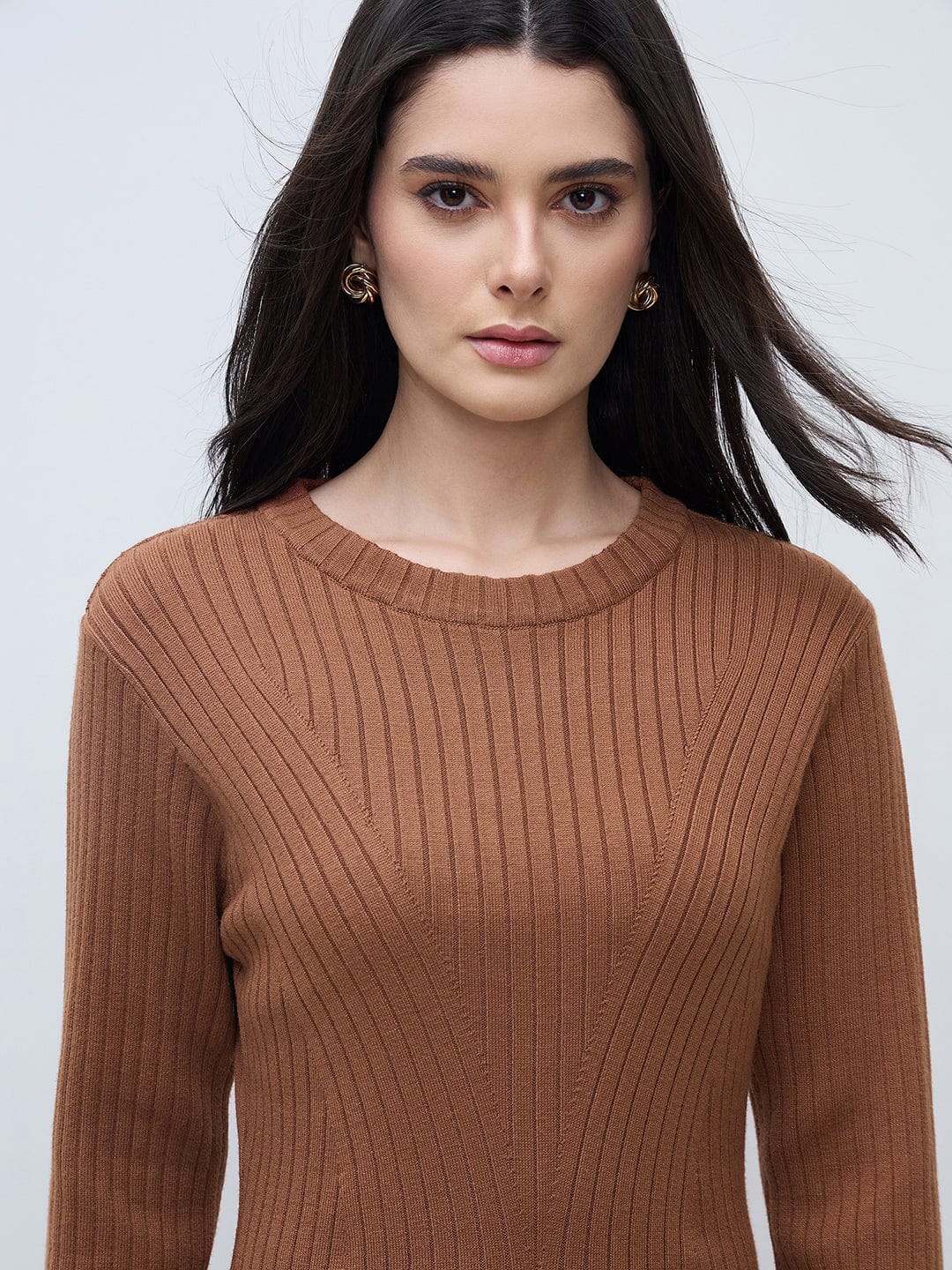 Elle Women Brown Solid Round Neck Fit & Flare Dress