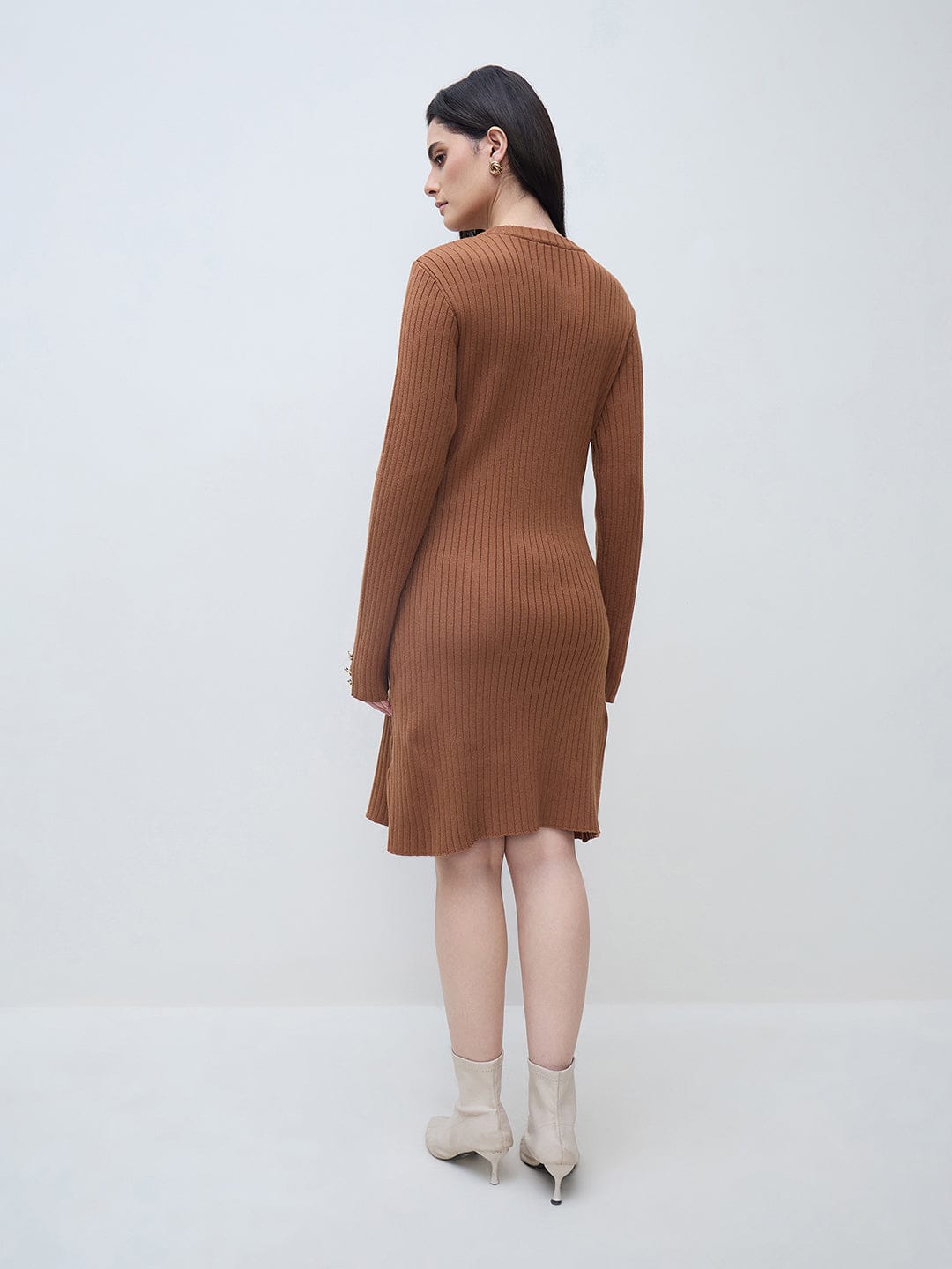 Elle Women Brown Solid Round Neck Fit & Flare Dress