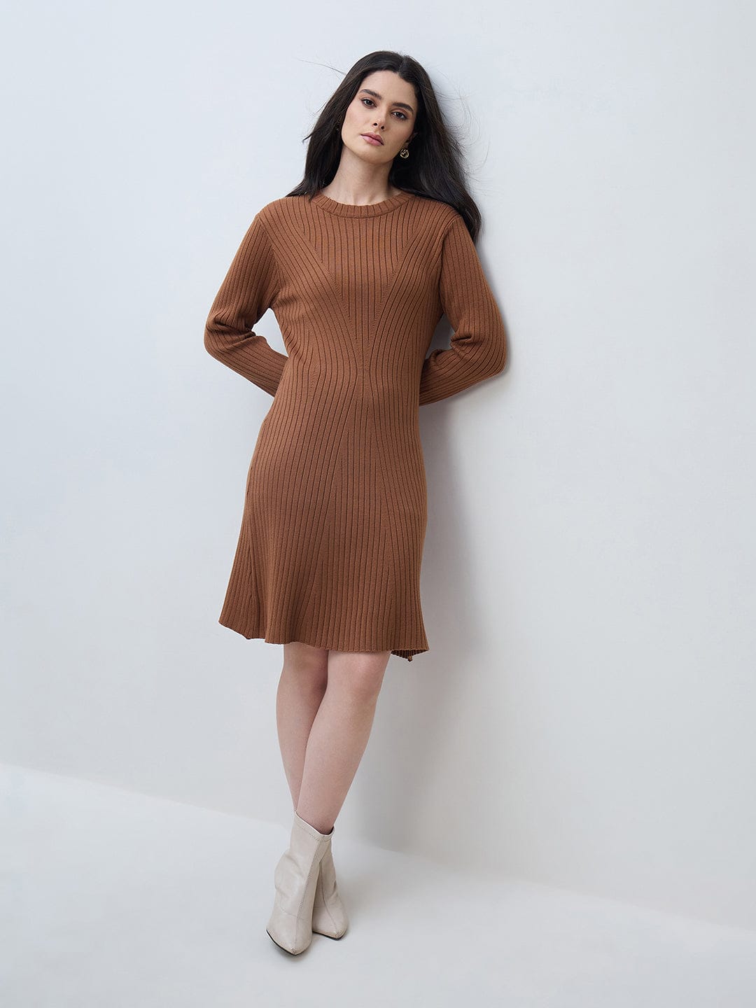 Elle Women Brown Solid Round Neck Fit & Flare Dress