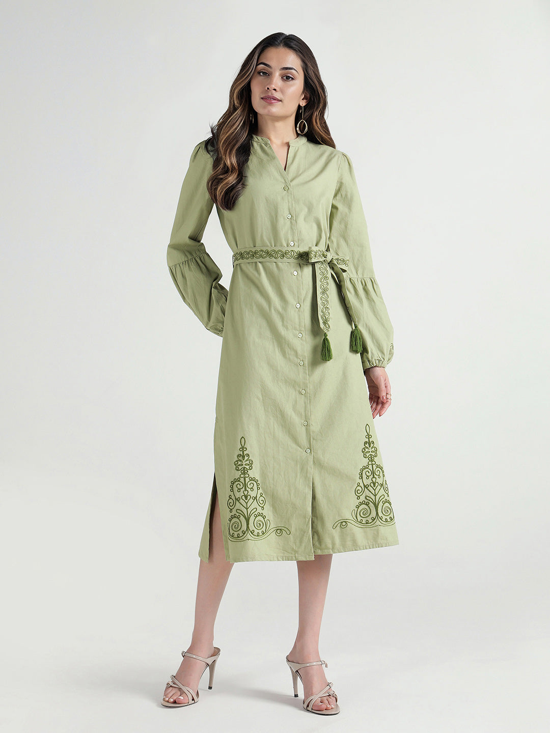 Elle Women Green Embroidered Band Collar Dress