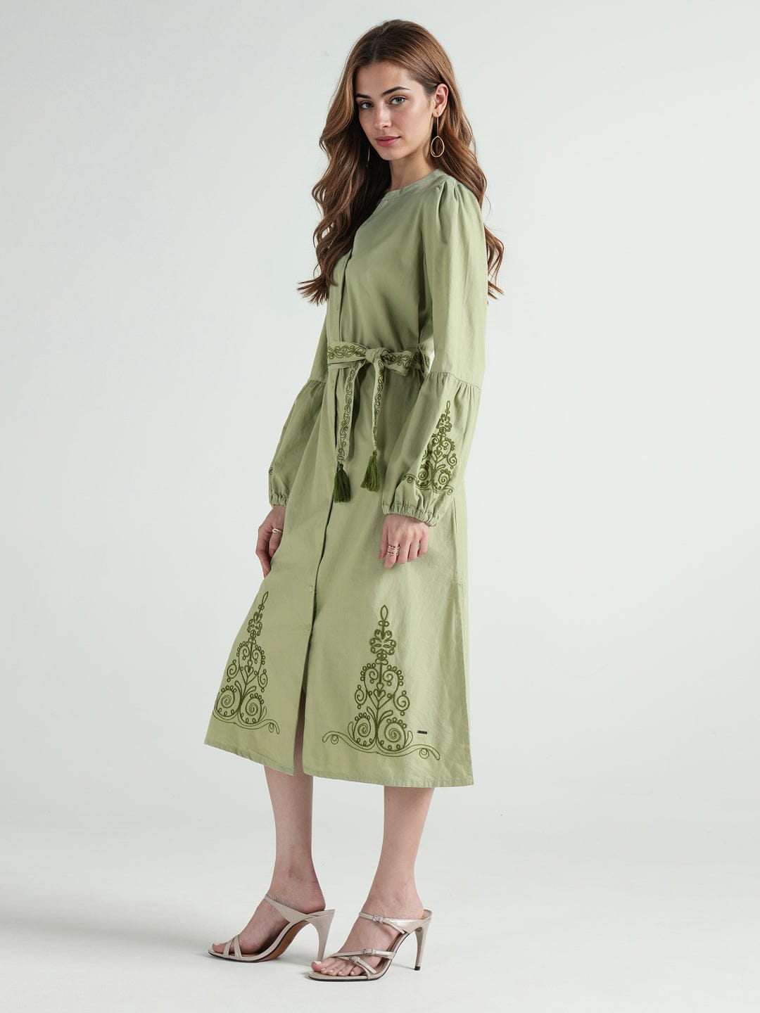 Elle Women Green Embroidered Band Collar Dress