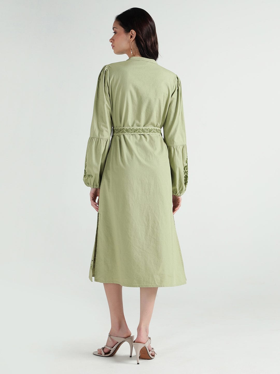 Elle Women Green Embroidered Band Collar Dress