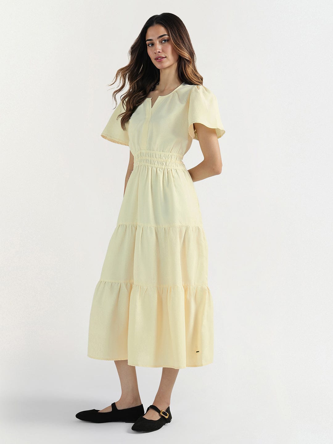 Elle Women Yellow Plain V Neck Dress