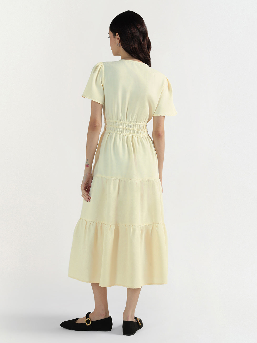 Elle Women Yellow Plain V Neck Dress