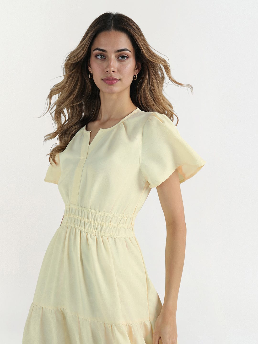 Elle Women Yellow Plain V Neck Dress