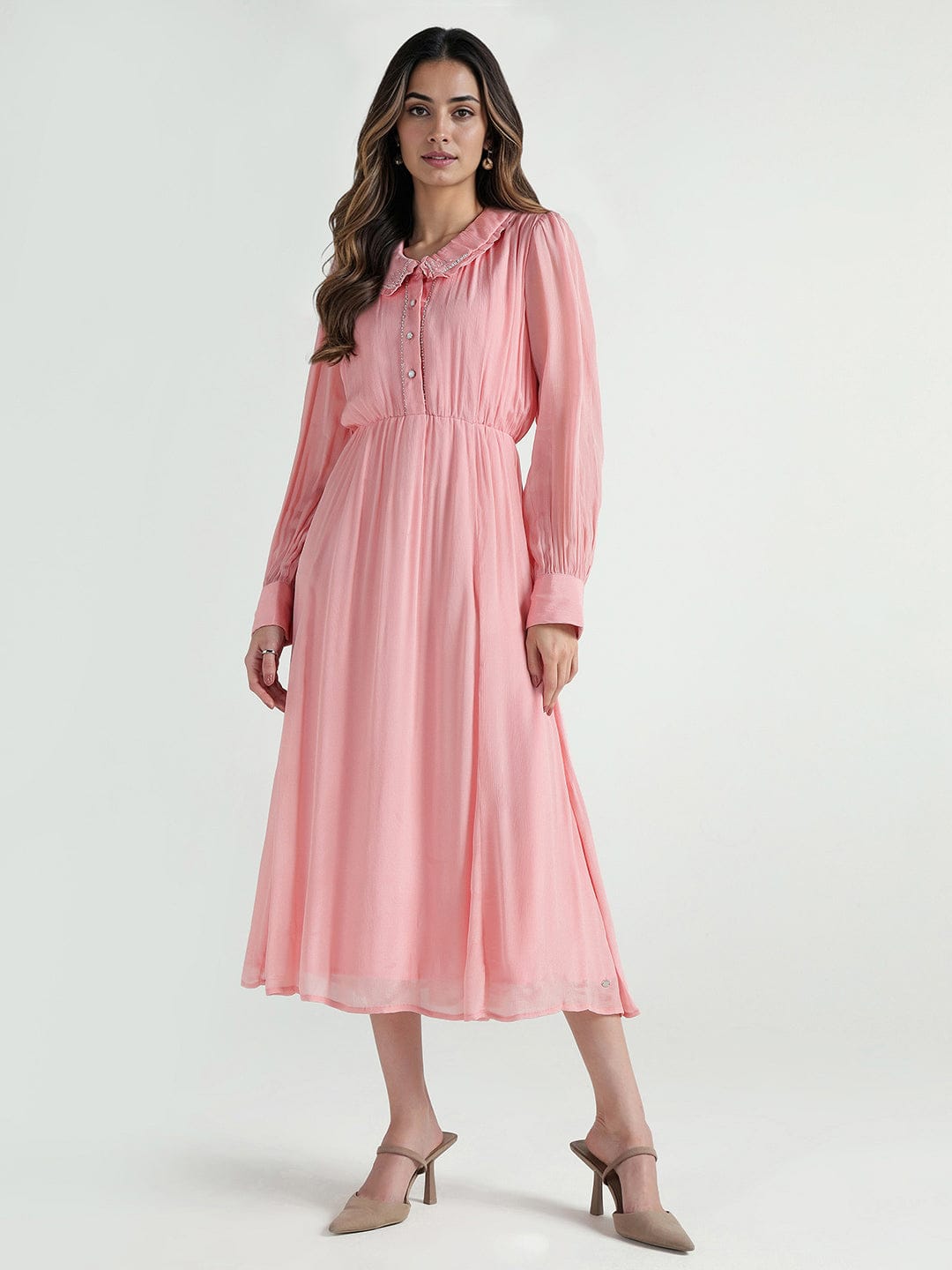 Elle Women Pink Solid Collar Dress