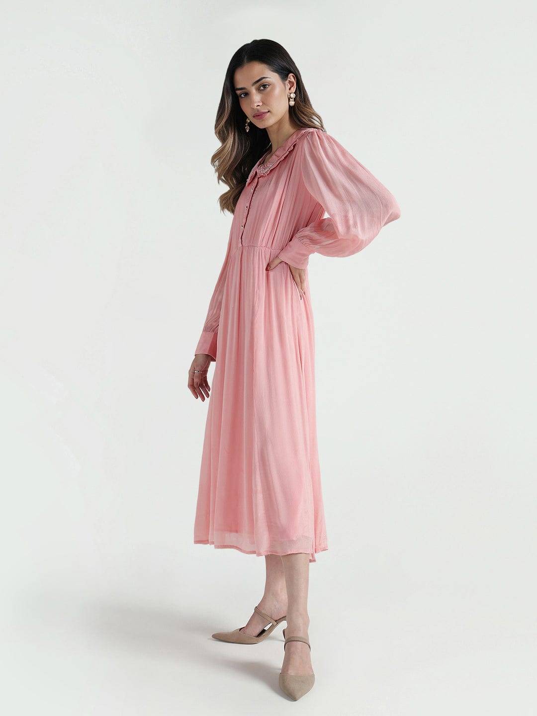 Elle Women Pink Solid Collar Dress