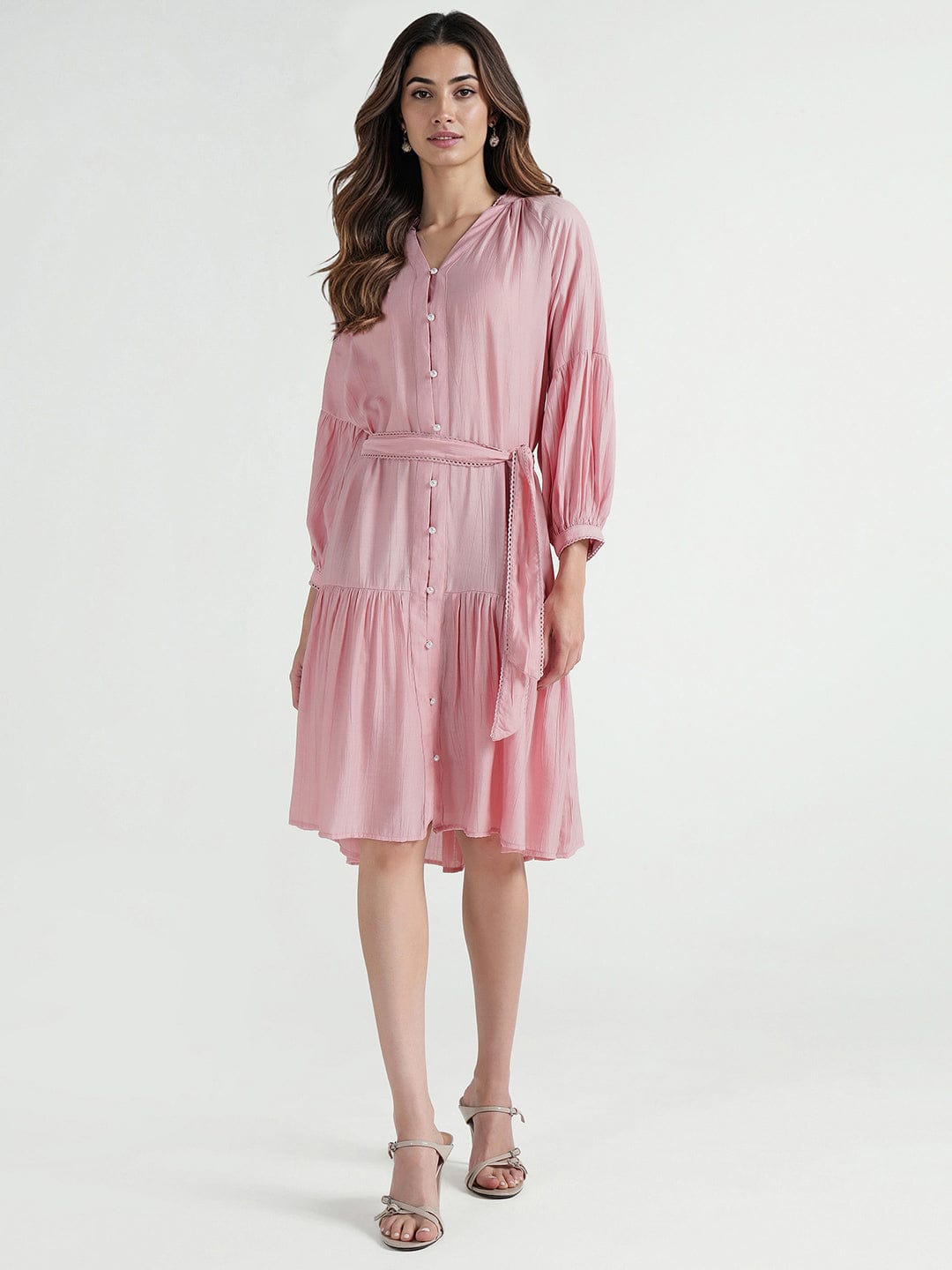 Elle Women Pink Plain Band Collar Dress