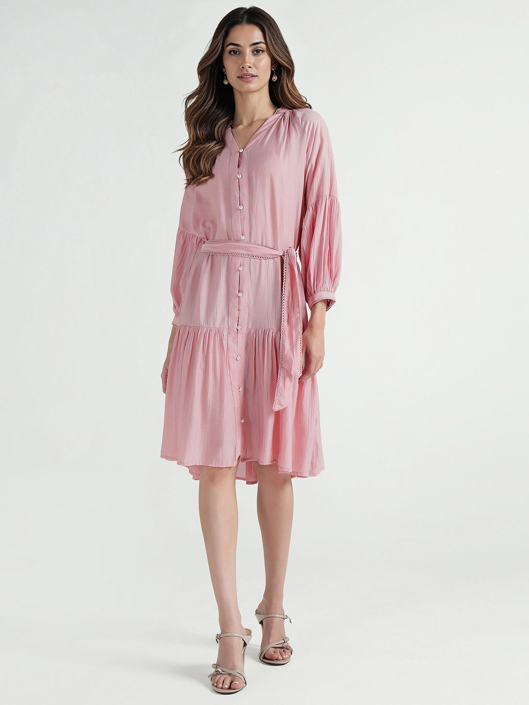 Elle Women Pink Plain Band Collar Dress